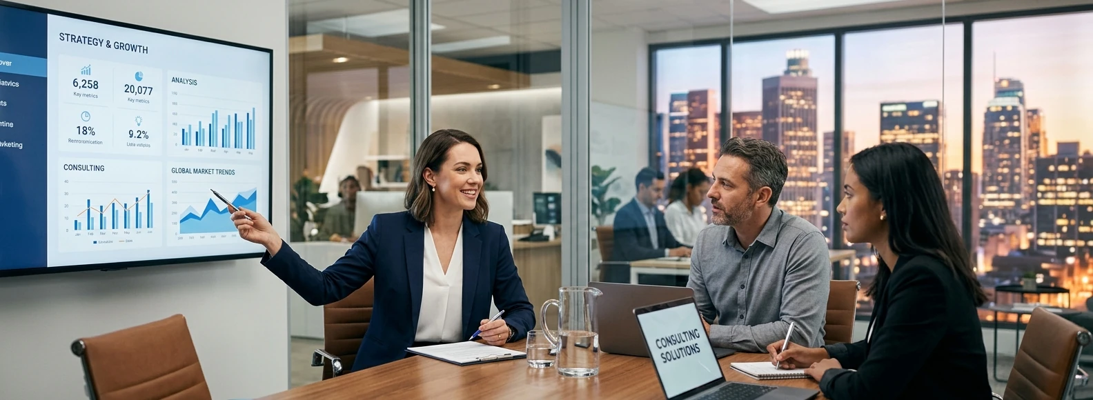 A female consultant in a navy blazer stands in a modern, well-lit boardroom, pointing at a large monitor displaying data-driven business charts and graphs to a attentive group of colleagues. The city skyline is visible through floor-to-ceiling windows behind them.